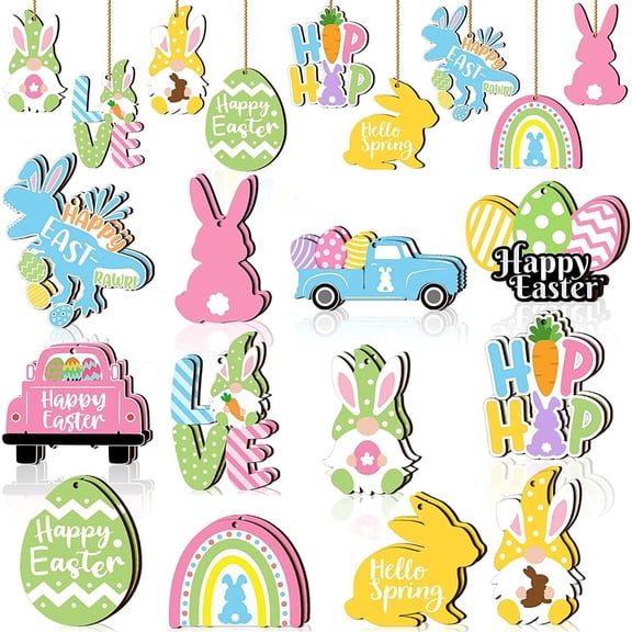 TETOU 24pcs Easter Wooden Hanging Ornaments Bunny Dinosaur Truck Cutouts Wooden Slice Home Easter Decor
