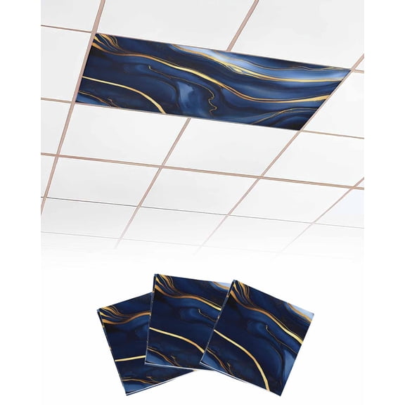 Marble Navy Blue Fluorescent Light Covers for Ceiling Lights 4x2 feet,3 Pack Magnetic Light Filters for Classroom,Modern Golden Ombre Retro Fluid Art Fluorescent Light Shade Panel for Office School