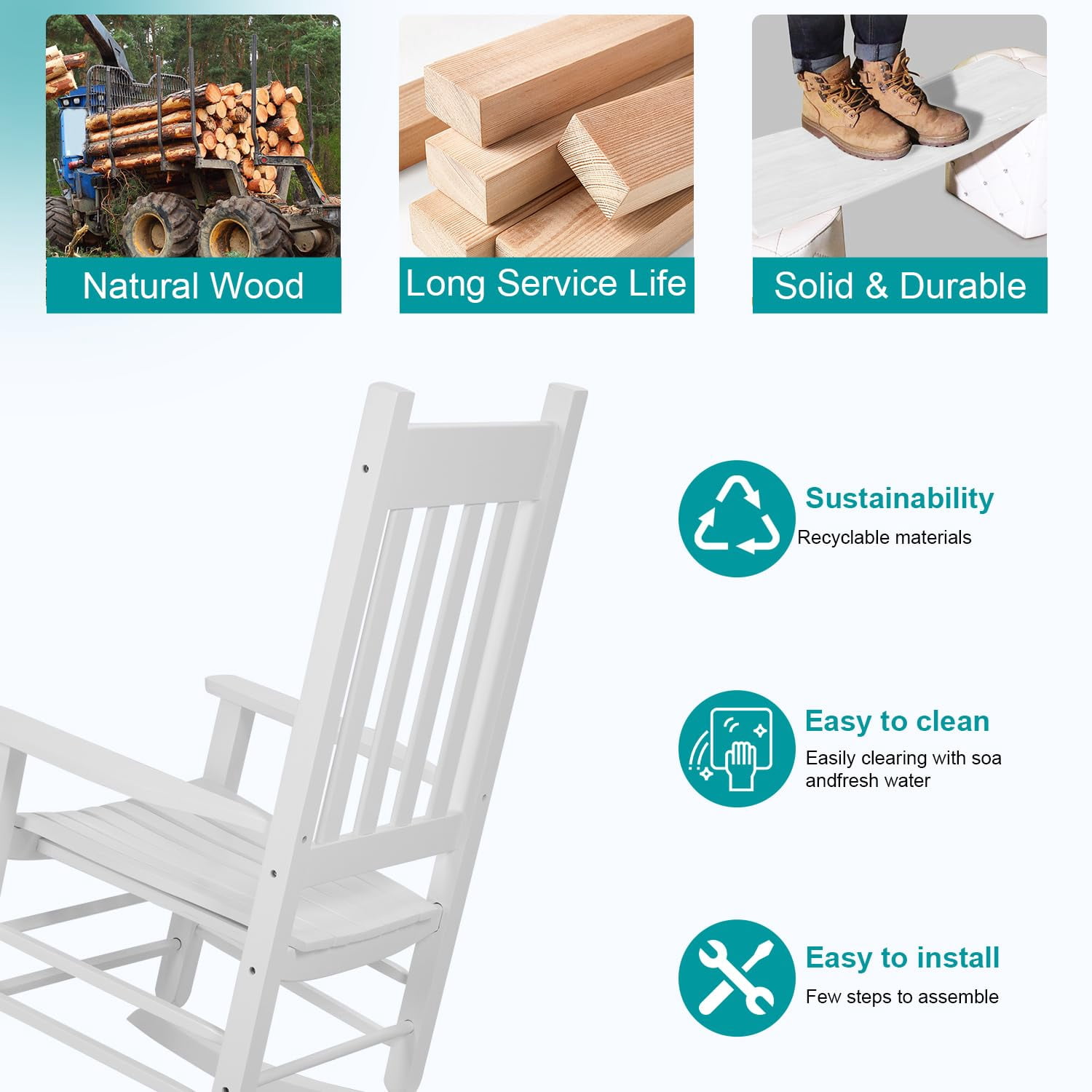 NiamVelo Outdoor Solid Hardwood Porch Rocking Chair 243 lbs Capacity for Home Garden, White