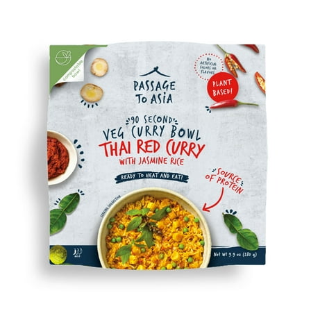 Passage to Asia Thai Red Curry with Jasmine Rice Bowl, 9.9 oz, Ready-to-Cook, Contains Gluten, Fish, Peanuts, No Artificial Preservatives, Shelf Stable