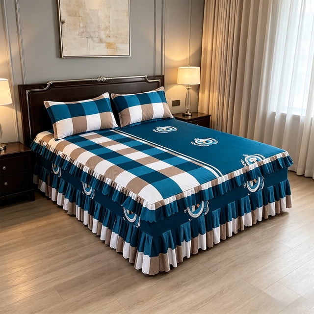Linnome Ruffled Bed Skirt with Pillowcases 3 Piece Set Elastic Bed Sheet Bed Cover for Bedroom Decor Machine Washable