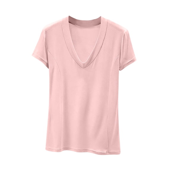 hlysgo Women's Deep V Neck Tops Low Cut Short Sleeve Slim Fit Shirts Comfy Summer Tee Pink,XL