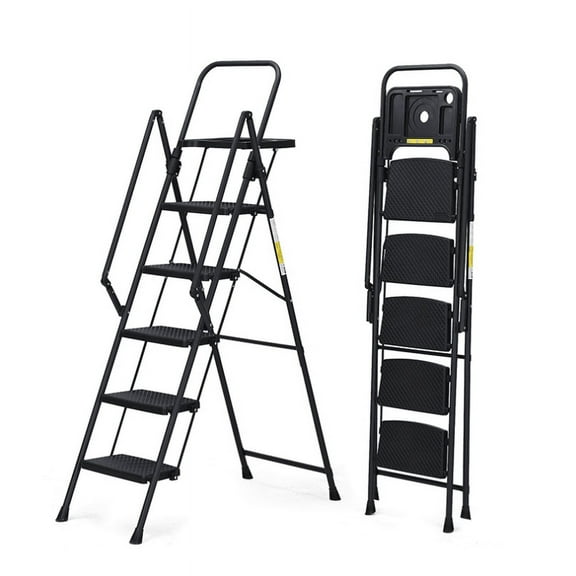 5-Step Folding Ladder with Tool Tray, 330LB Capacity Steel Step Stool, Non-Slip Pedals & Handrails for Home Use, Lightweight Portable Step Stool