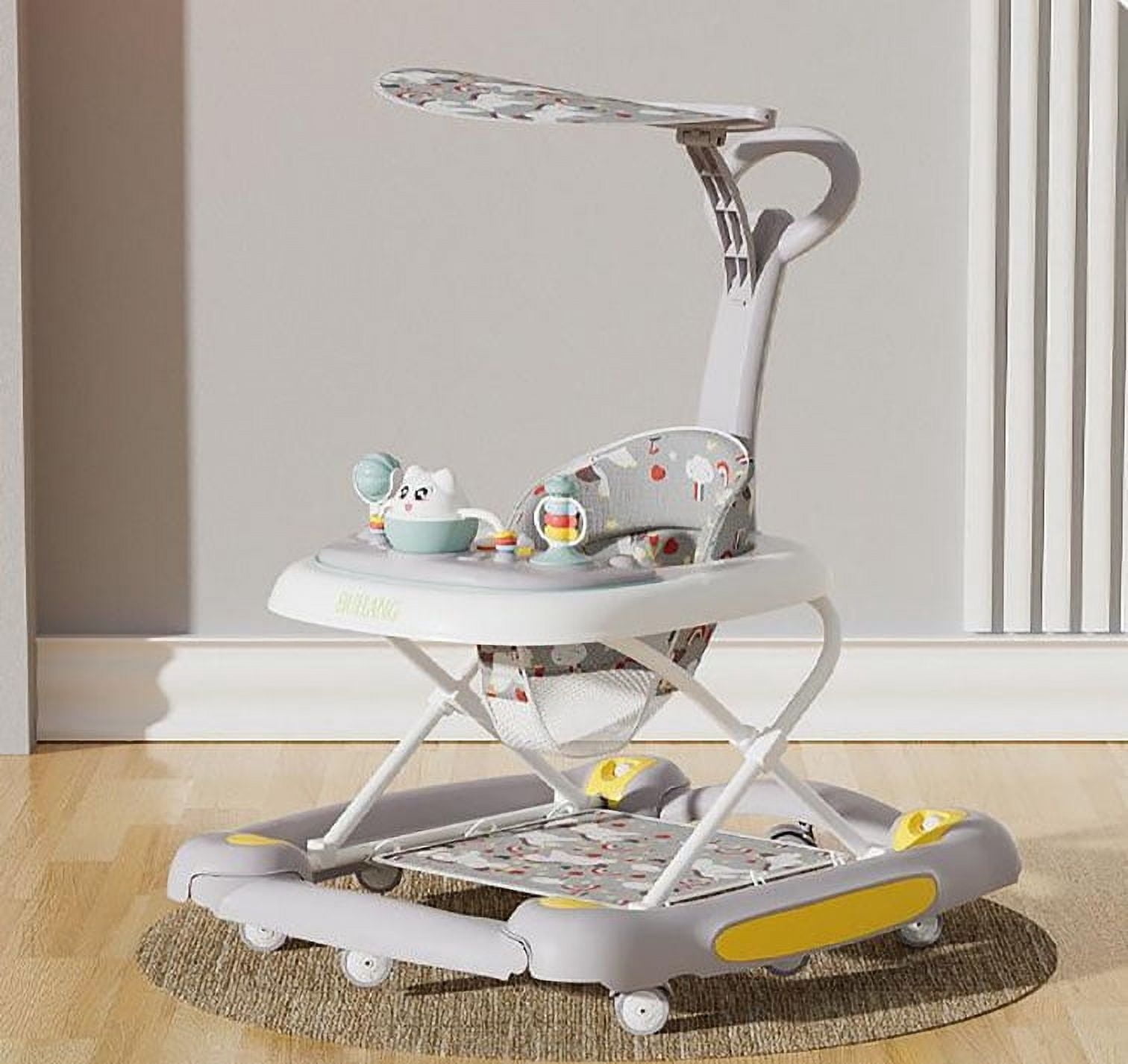 LIXI 4-in-1 Baby Walker with Toy Tray - Adjustable Height 3 Gears for 6-36M, Foldable Design (Grey)​