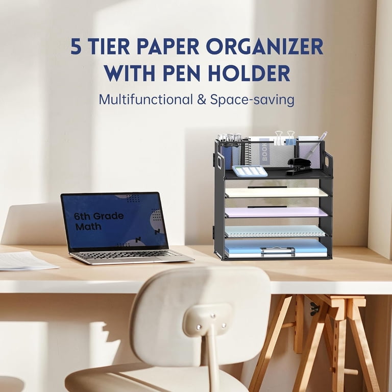 5-Tray Paper Organizer with 3 Pencil Holders photo 2