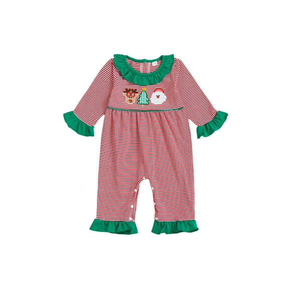Miaouyo Infant Baby Girls Christmas Fall Jumpsuit 0 3 6 12 18 Months Long Sleeve Crew Neck Stripes Embroidery Santa Claus Romper