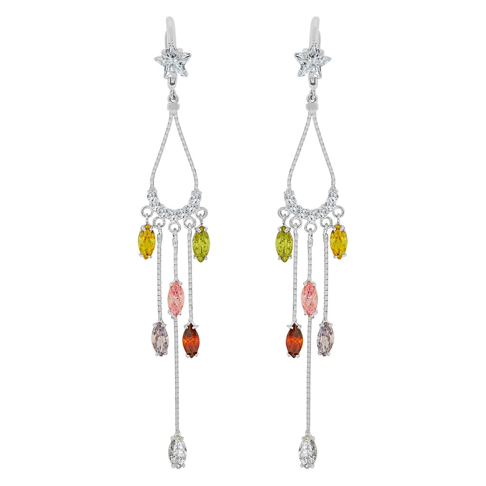 14k Gold White Rhodium Colorful Drop Earring Brilliant Created CZ Crystals