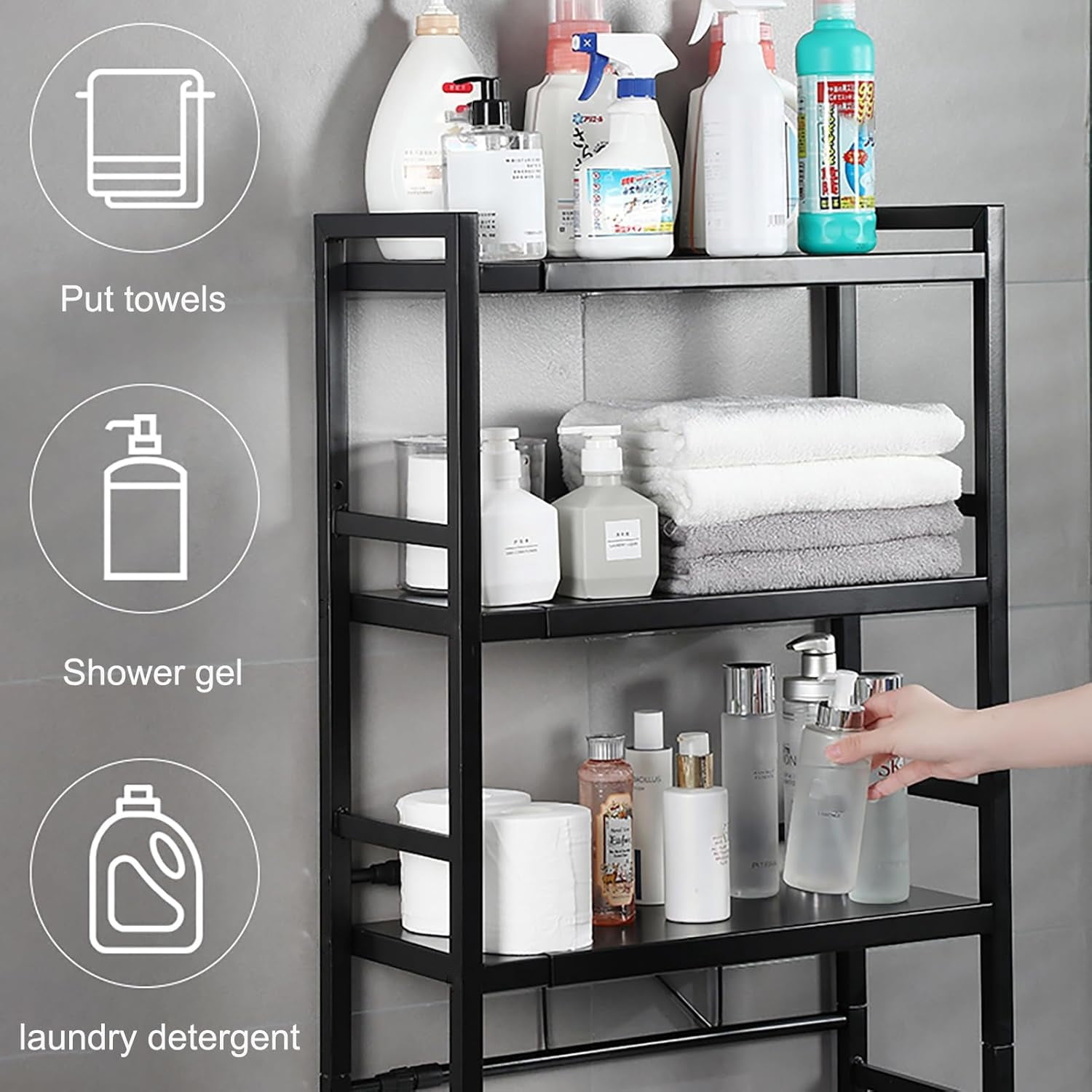 Zrodlmo Over The Toilet Storage Shelf, 3-Tier Freestanding Steel Bathroom Organizer, Adjustable Space Saver Rack with Hooks, Black