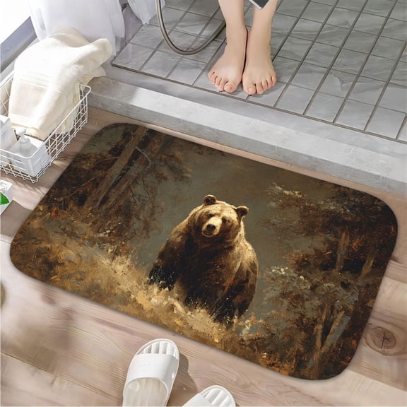 1pc Brown Bear in Forest Absorbent Non-Slip Bathroom Thickened Flannel Rug Decor,Soft,Quick Drying,Suitable For Indoor/outdoor Use,Bathrooms,Bedrooms,Kitchens,Terrace,Laundry Rooms,16"x24"