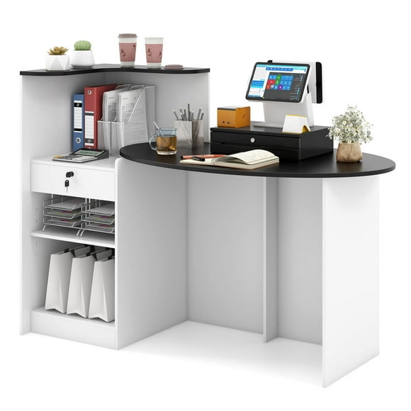 Costway Reception Desk with Lockable Drawer & Adjustable Shelf Oval Tabletop for Store Black