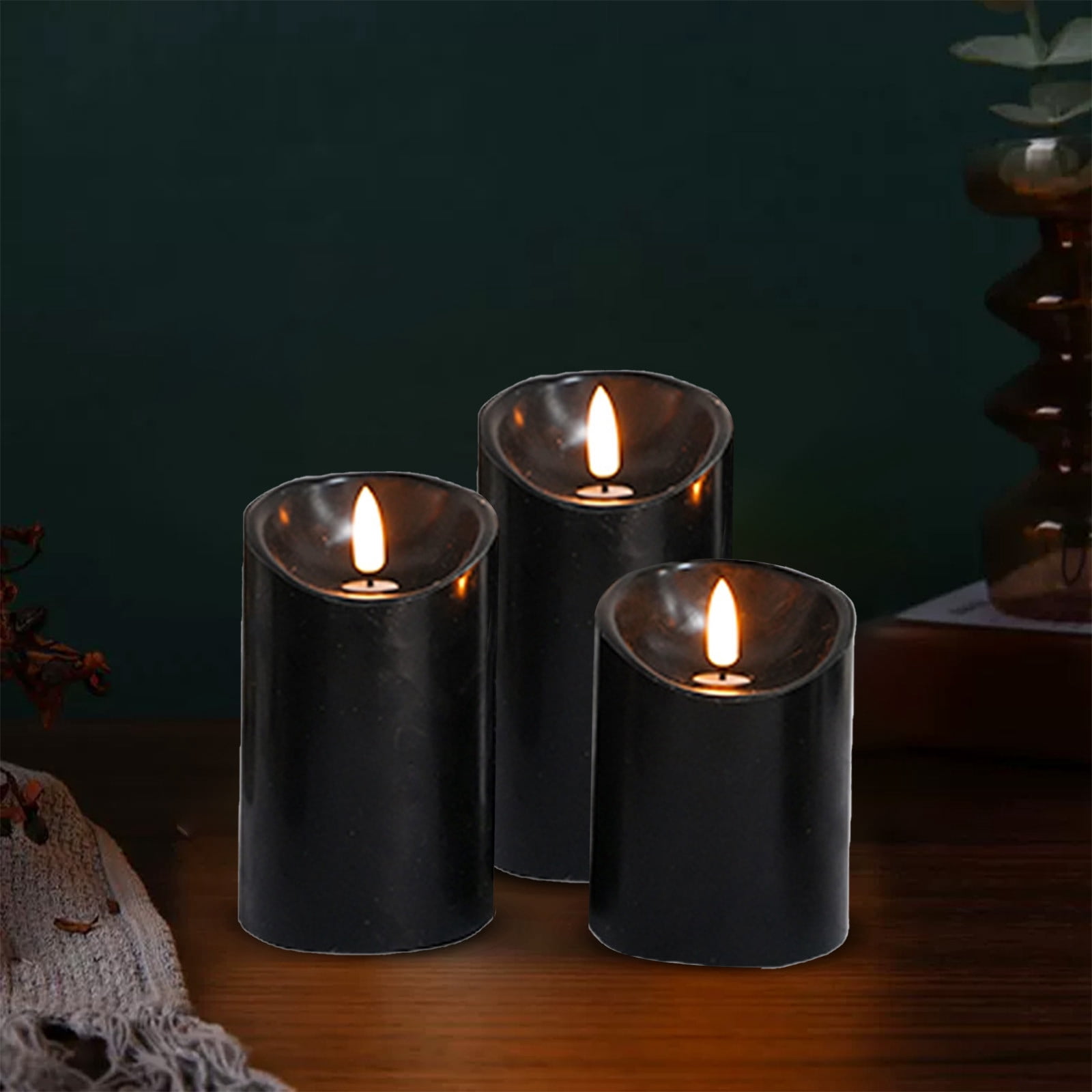 Yhmxh 3Pcs Black Flameless Flickering Candles with Remote Control, 3D Wick Realistic Battery Operated Real Wax LED Pillar Candles Set of 3 Home Wedding Party Halloween Decoration (D3"x H4"5"6")