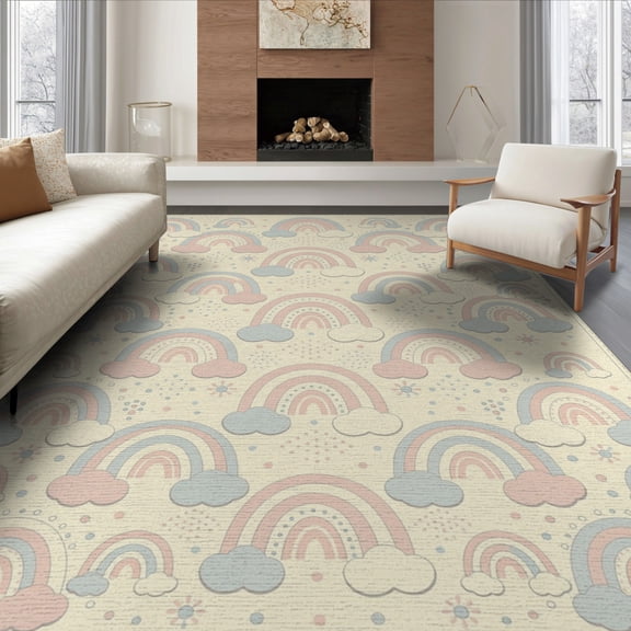 ODIKA 8'x10' Washable Area Rug Non-Shedding, Easy Care, Boho Scallop Border Whimsical Scattered Polka Dot Motifs Pink Flowing Dynamic for King Size Bedroom Under Bed, Master Suite