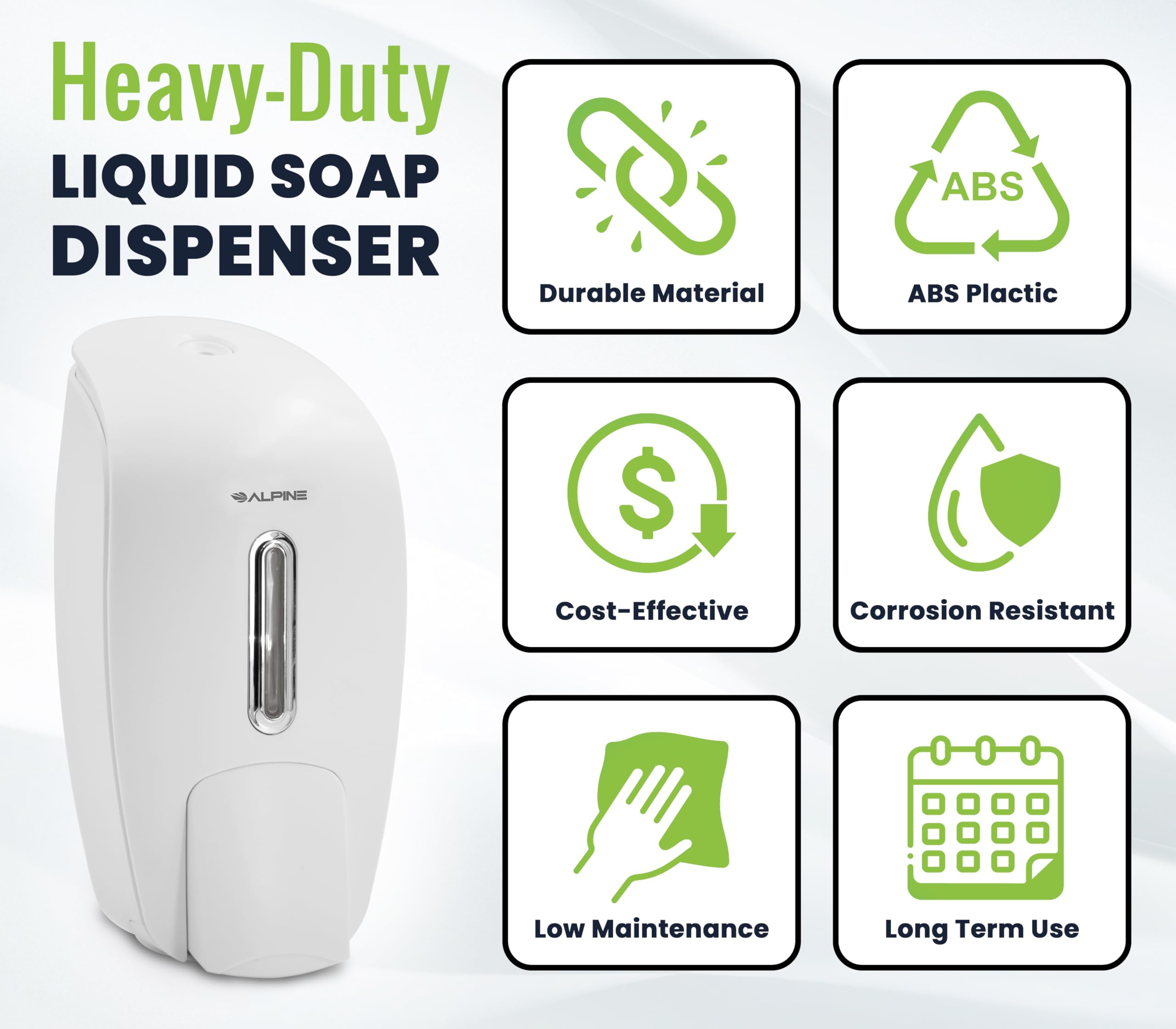 Alpine Manual Soap Dispenser Wall Mount - Commercial Soap Dispenser Wall Mounted for Liquid Soap & Hand Sanitizer Perfect for Bathroom, Kitchen, Refillable 800 ml Capacity (White)