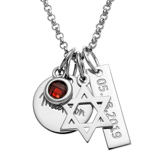 Personalized Planet Rhodium, Gold or Rose Gold Plated Engraved Name, Date, Birthstone and Star of David Cluster Necklace ,Women's