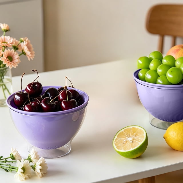 Cesta de drenaje de doble capa con forma de cuenco: cesta para lavar frutas y escurrir verduras, recipiente de almacenamiento y servicio de cocina de PET apto para alimentos, diseño compacto