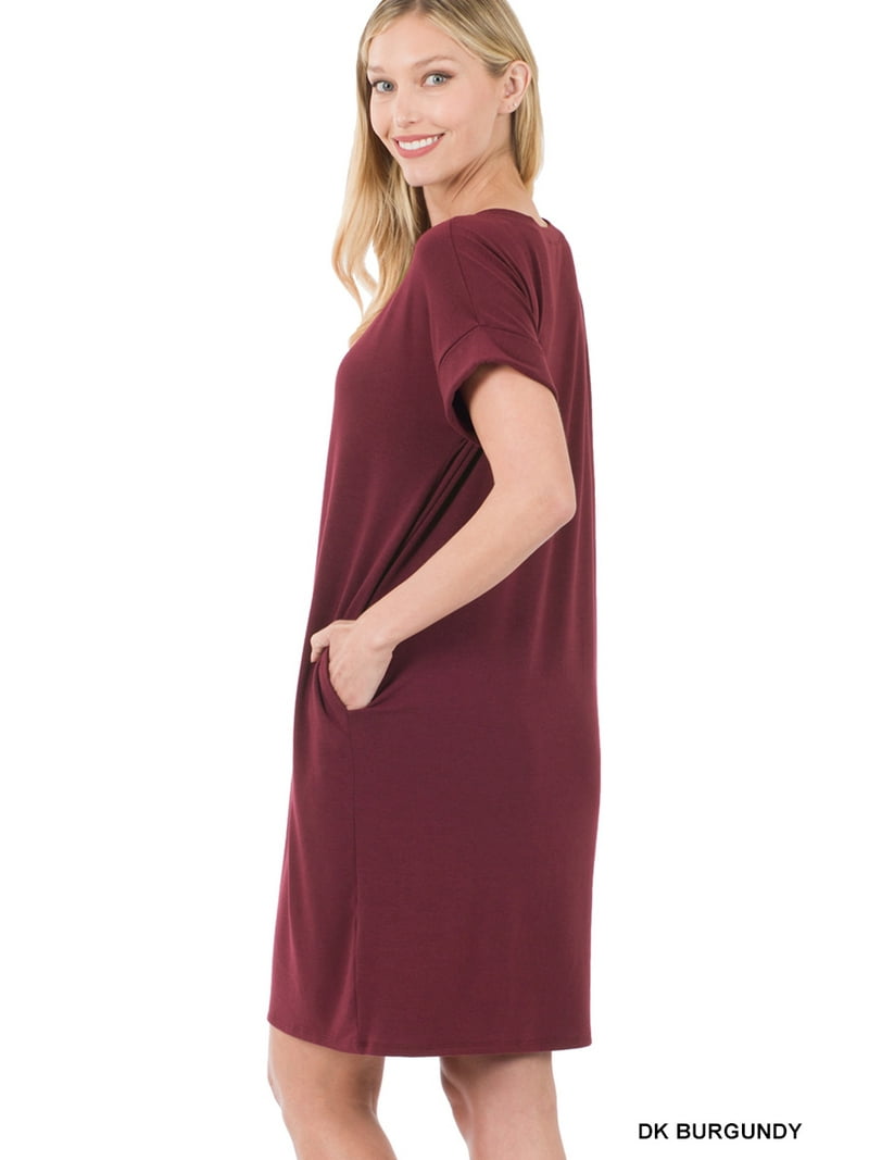 TheLovely Women & Plus Rolled Short Sleeve V-Neck Midi Trapeze Tunic Dress  - Walmart.com