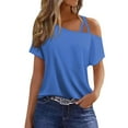 thumbnail image 2 of GceSteap Summer Shirts for Women Off The Shoulder Short Sleeve Asymmetrical Neck Tops Criss Cross Blouses Gradient Print Clothes 2024 Blue S, 2 of 5