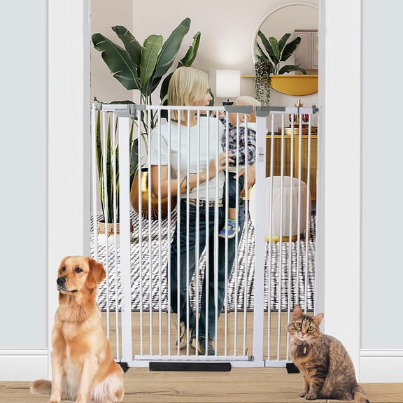 Magicorange 51.18 Inch Extra Tall Pet Gate, 29.5-43" Adjustable Wide Auto Close Dog Gates, Pressure Mounted Walk Through Tall Cat Gate for Doorways,Hallway,Stairs,White