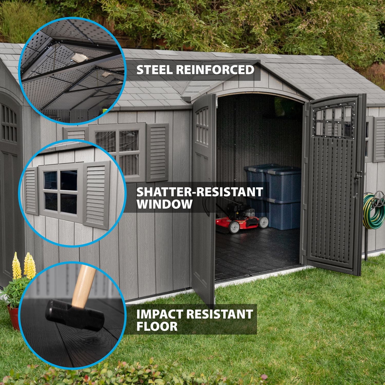 Lifetime Outdoor Storage Shed, 15 ft x 8 ft With Dual Side Entry, Dark Grey Roughcut