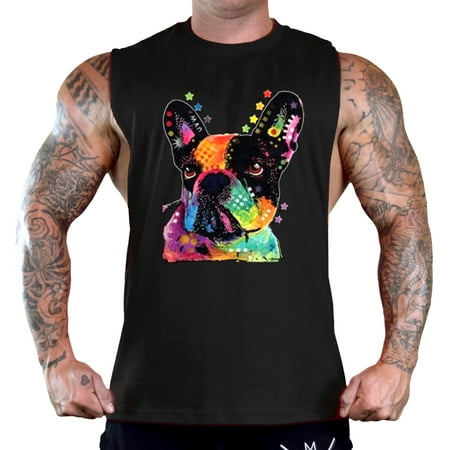 Men's Neon French Bulldog Sleeveless Black T-Shirt Gym Tank Top Small