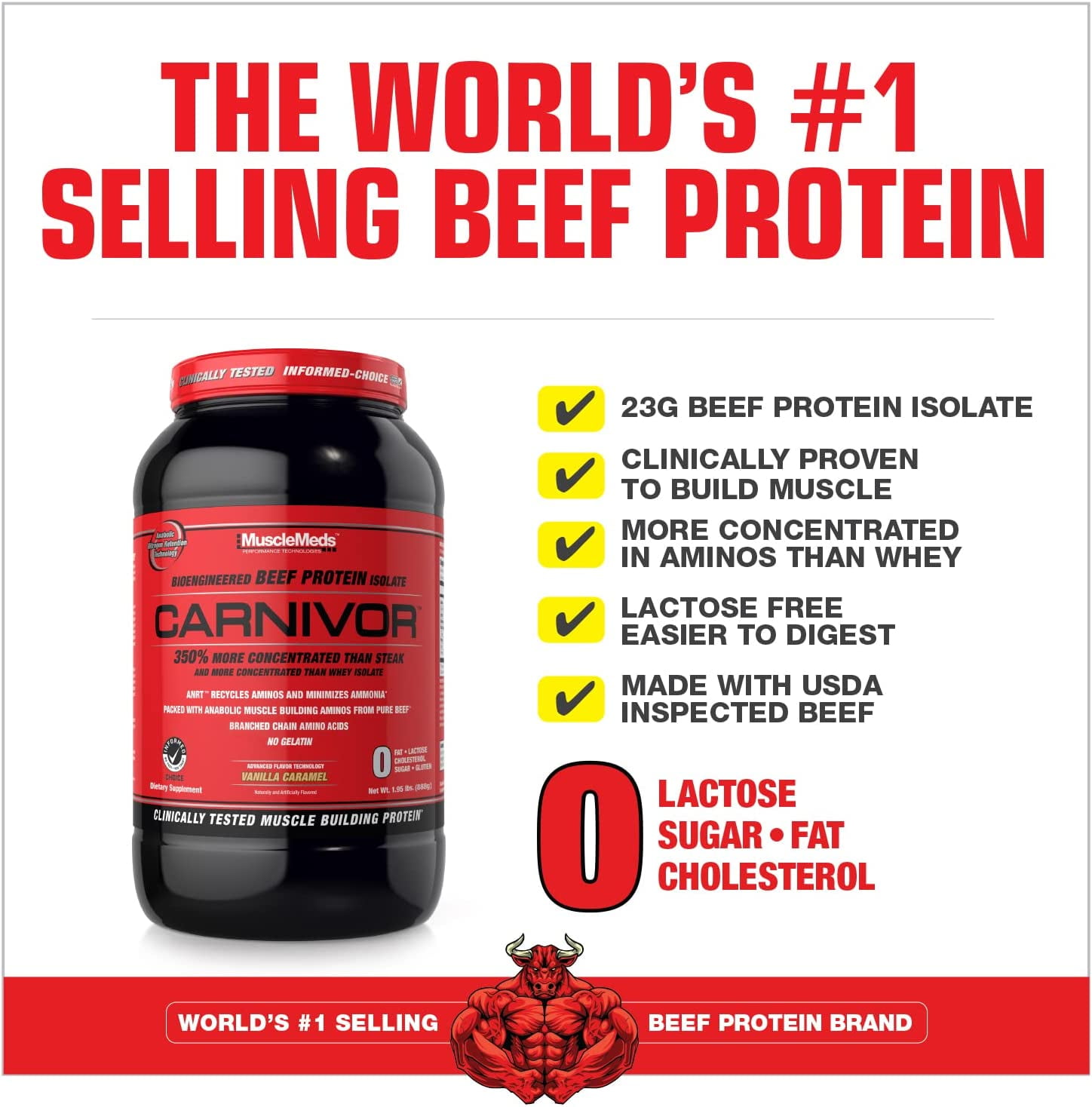MuscleMeds Carnivor Beef Protein Isolate Powder – 23 g Protein, Sugar‑Free & Lactose‑Free – Vanilla Caramel Flavor, 1.95 lb (28 Servings)