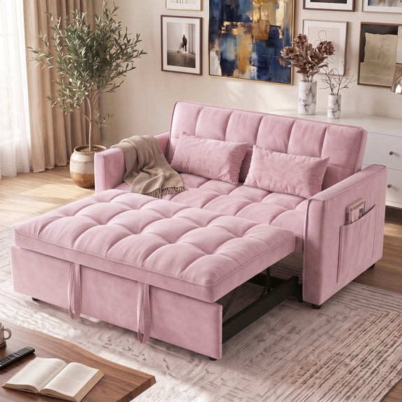 Gewnee 55" Sofa Bed, Convertible Sleeper Sofa & Pull Out Couch, 3-in-1 Velvet Loveseat with Adjustable Backrest and Storage Pocket, Pink
