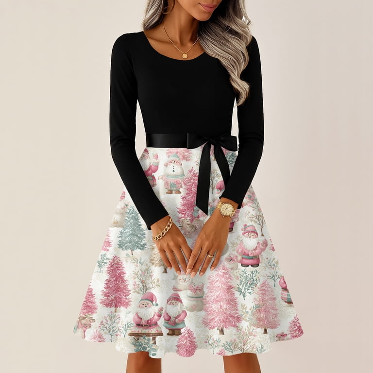 long sleeve casual christmas dress women Womens Christmas Dress Christmas Clothes for Women Festive Casual Long Sleeve Party Dress With Elegant Asymmetrical Hem Design for Holiday Gatherings And