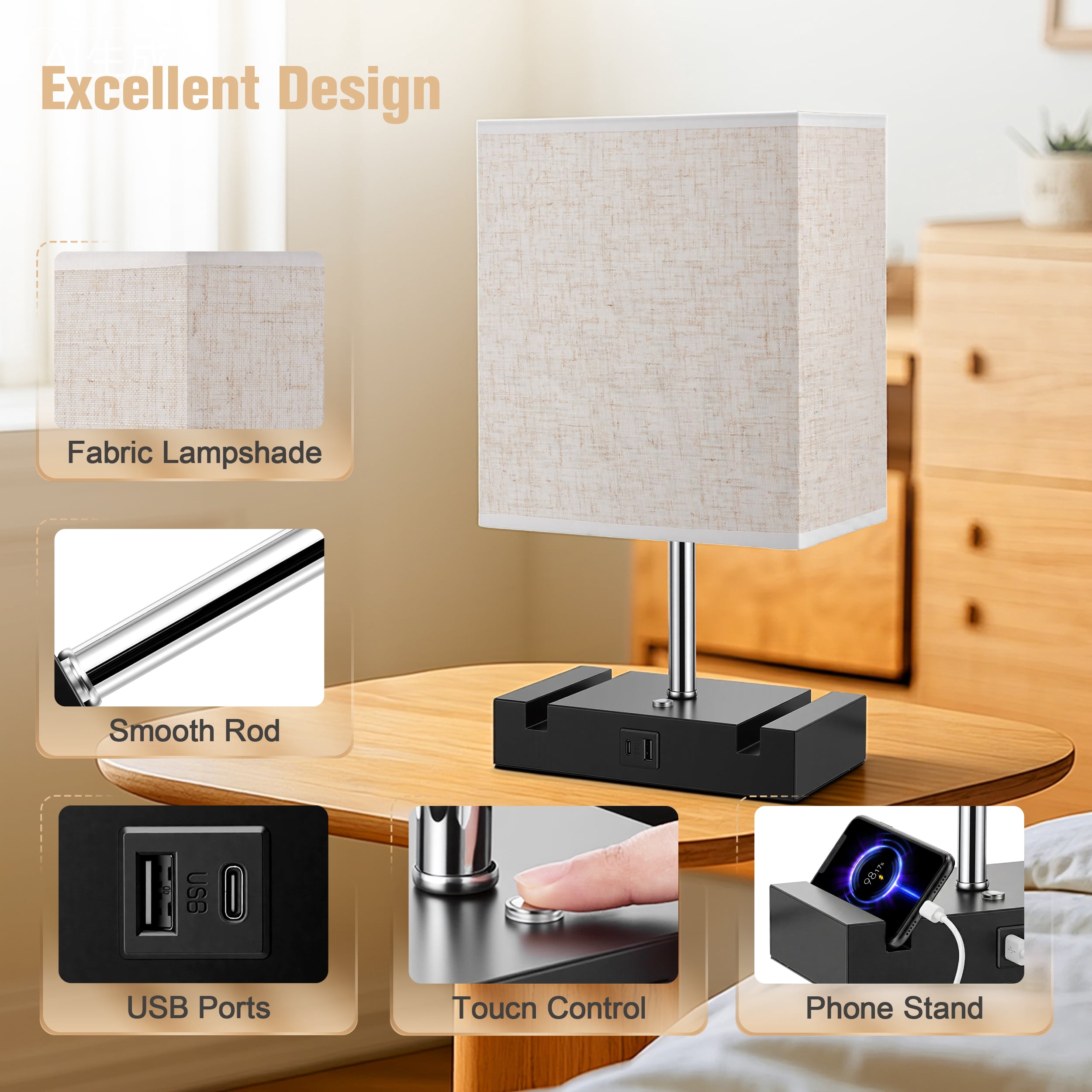 Doulami Table Lamp for Bedroom with 3 Way Dimmable Touch Control, Bedside Table Lamp with 2 USB Charging Ports and 2 Phone Stands, Nightstand Lamp with E26 Light Bulb, Desk Lamp with Fabric Shade for