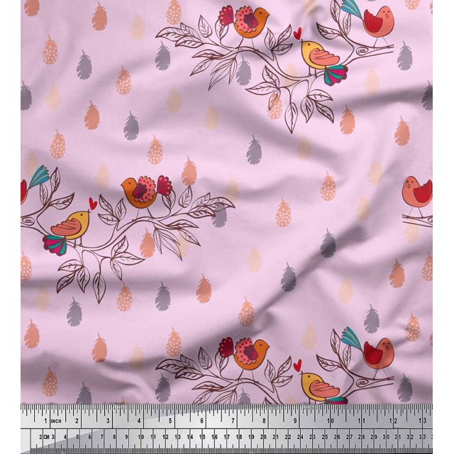 Soimoi Modal Satin Fabric Feather,Branch & Bird Kids Print Fabric by The Yard 42 Inch Wide