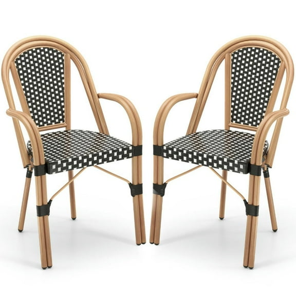 YYAo Outdoor Dining Chairs, Patio Kitchen Dining Room Chairs,Patio Barstools Set of 2 with Rattan Seat and Metal Backrest-Light Brown