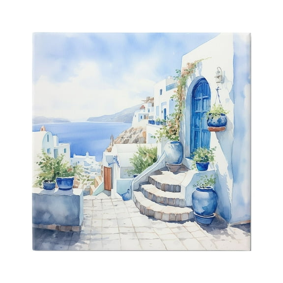 Stupell Industries Santorini Terrace View Travel & Places Painting Gallery Wrapped Canvas Art Print Wall Art, 17 x 17