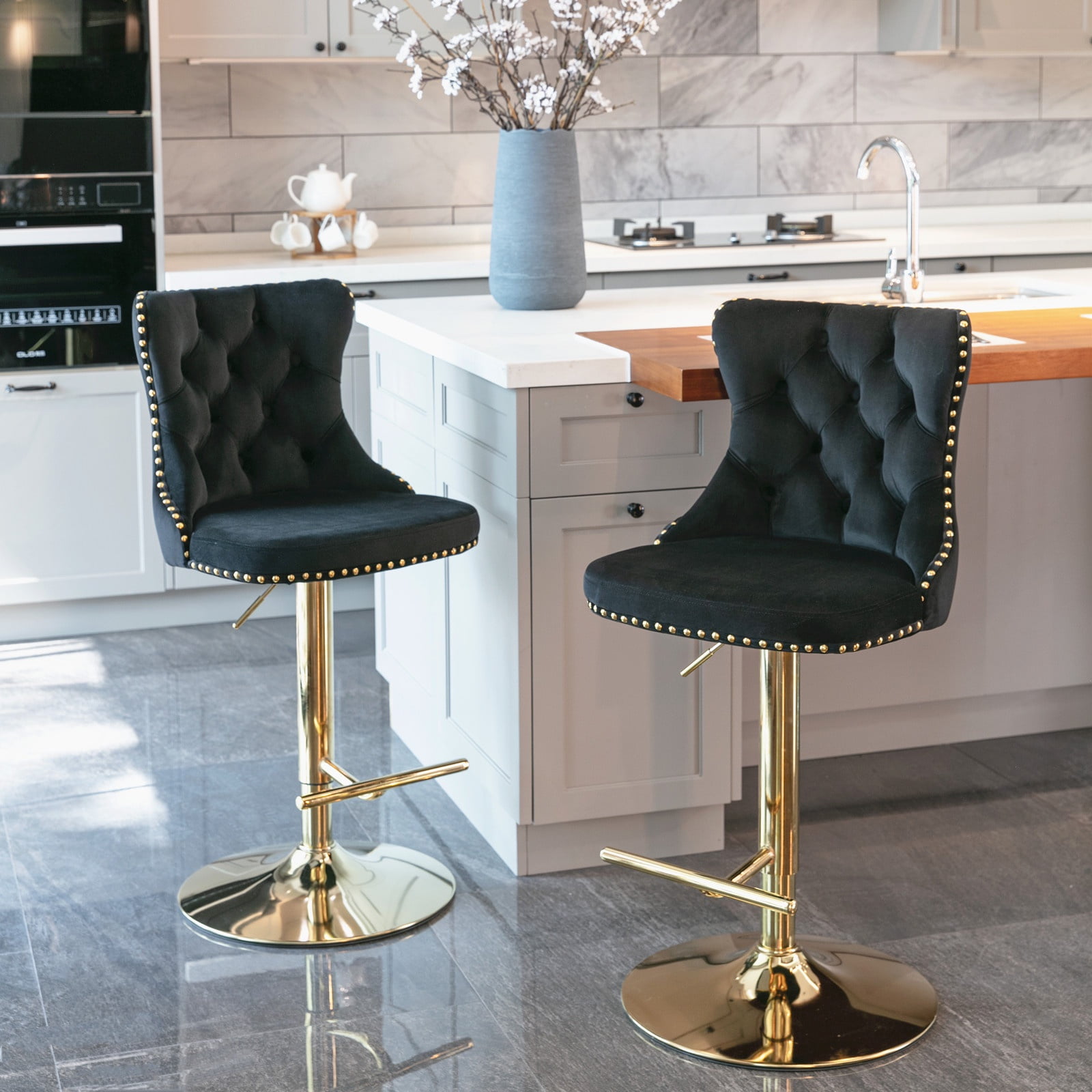 Swivel Bar Stools Set of 2, PAPROOS 25-33''Adjustable Height Bar Stool with Back, Velvet Upholstered Counter & Bar Height Bar Stool with Button Tufted & Nail Trim, Kitchen Island Chair, Black & Gold