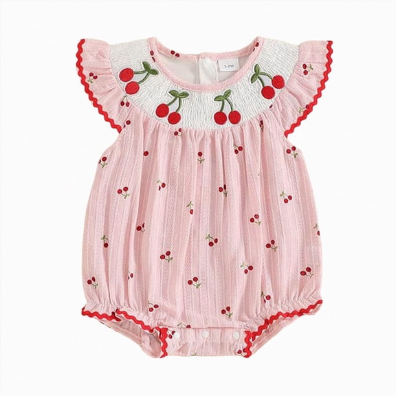KPOPLK Newborn Baby Girl Clothes 0 3 6 9 12 18 Months Striped Puff Short Sleeve Jumpsuit Smocked Bubble Outfit Clothing Red Size 12-18M