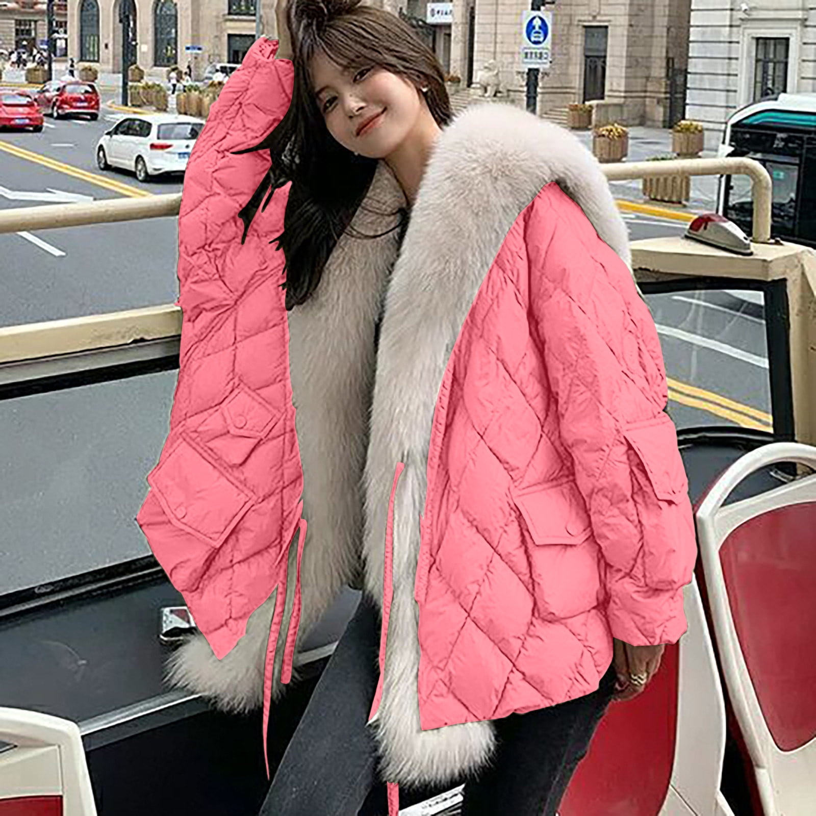 Wolfast Winter Coats for Women Solid Color Winter Long Sleeves Pocket Keep Warm Jacket Coat Pink XL