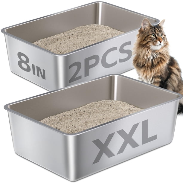 Caja de arena de acero inoxidable XXL 8 pulgadas profundidad extragrande para gatos grandes metal sin olor antiadherente fácil de limpiar