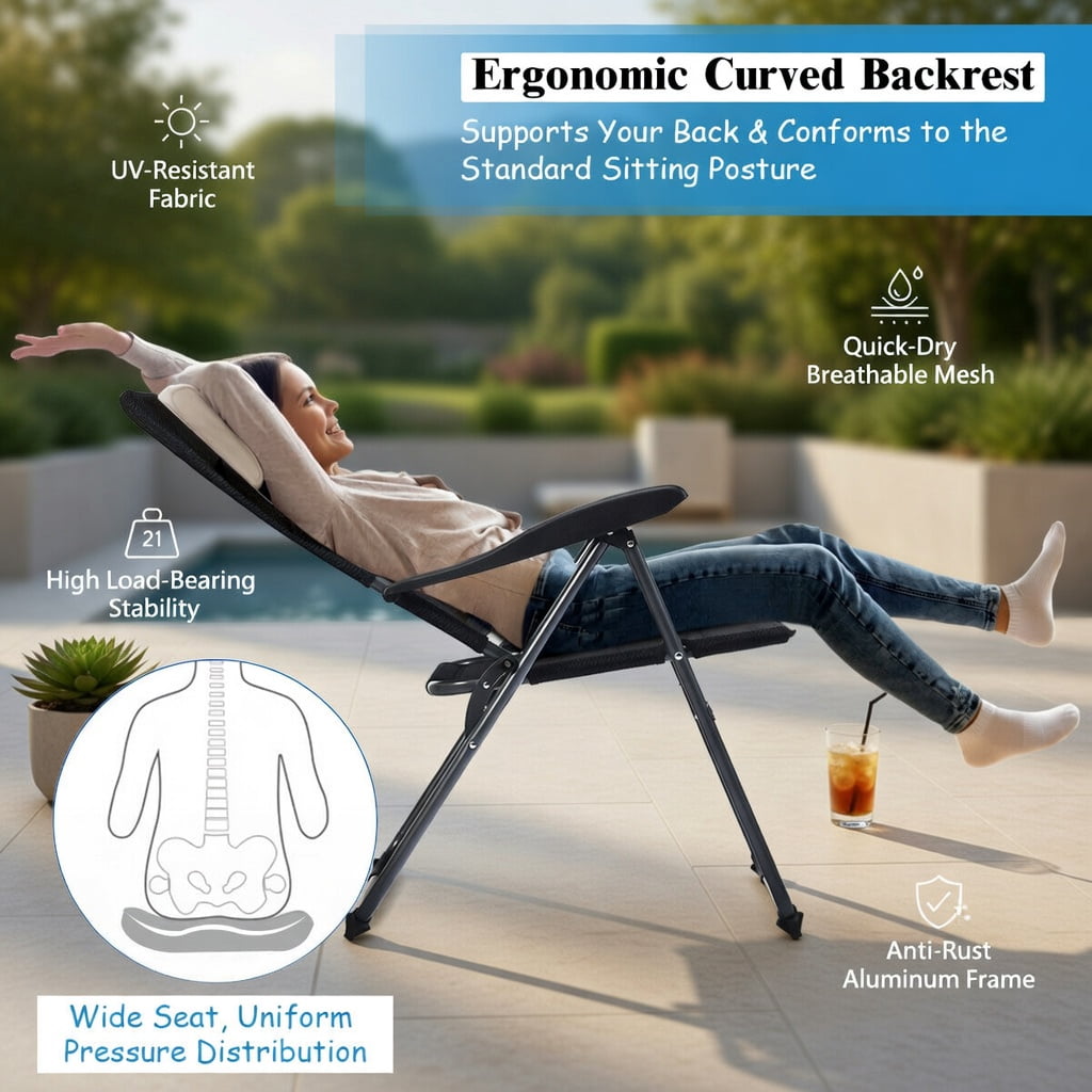 Hommoo 4-Pack Heavy-Duty Folding Patio Chairs with 7-Position Adjustable Backrest, Steel Frame & Breathable Oxford Fabric, Black