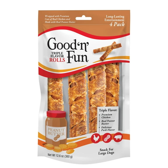 Good ’n’ Fun Triple Flavor Small Rolls with Peanut Butter, Rawhide Chews for All Dogs, 4 Count