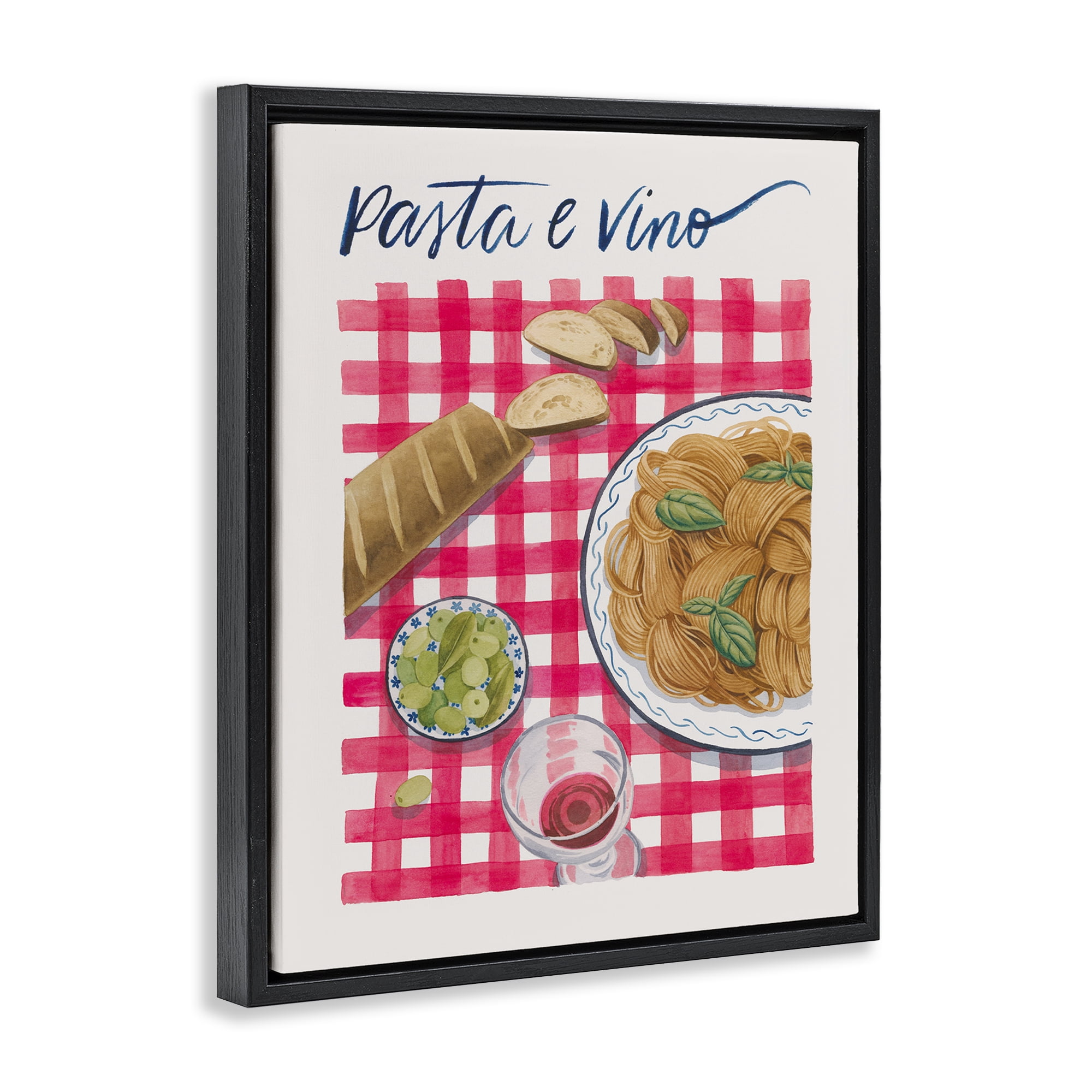 Stupell Industries Pasta & Wine on Tartan Food & Beverage Painting Black Floater Framed Canvas Art Print Wall Art, 17 x 21