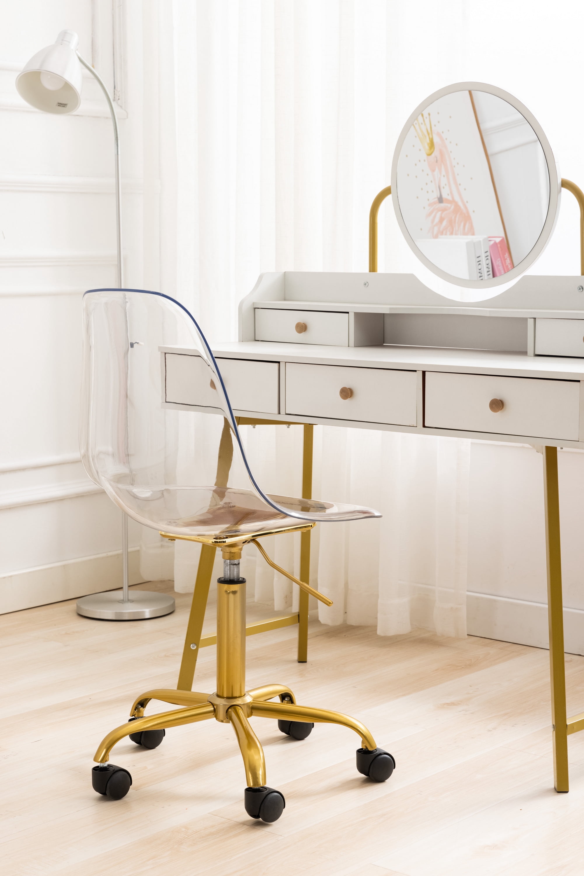 Luccalily Swivel Accent Chairs, with Wheels and Adjustable Height, Clear with Golden Wheels