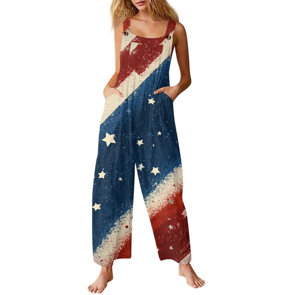 JULMCOMO American Flag Jumpsuits for Women Patriotic Sleeveless Cotton 1776 250th Year Overalls Red White Blue Wide Leg Patriotic Rompers with Pockets Sky Blue M