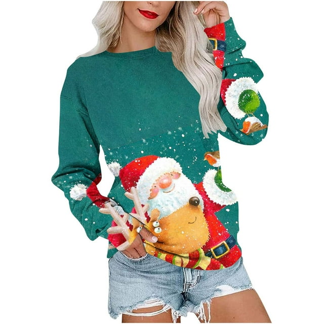 Chandails de Noël pour Femmes Mode Décontractée Hauts Manches Longues Imprimé de Noël Col Rond Couverture Chandail Chandail Chandails d'Automne en Liquidation