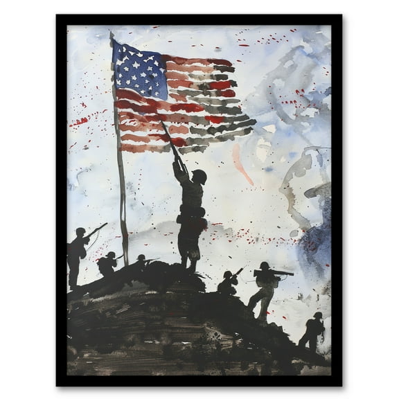 Artery8 Iwo Jima WWII Soldiers American Flag Watercolour Man Cave Art Print Framed Poster Wall Decor 12x16 inch