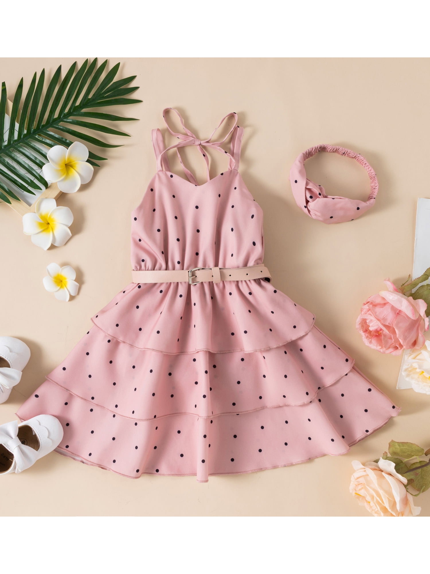 Kid Girl Polka dots Belted Sleeveless Halter Dress
