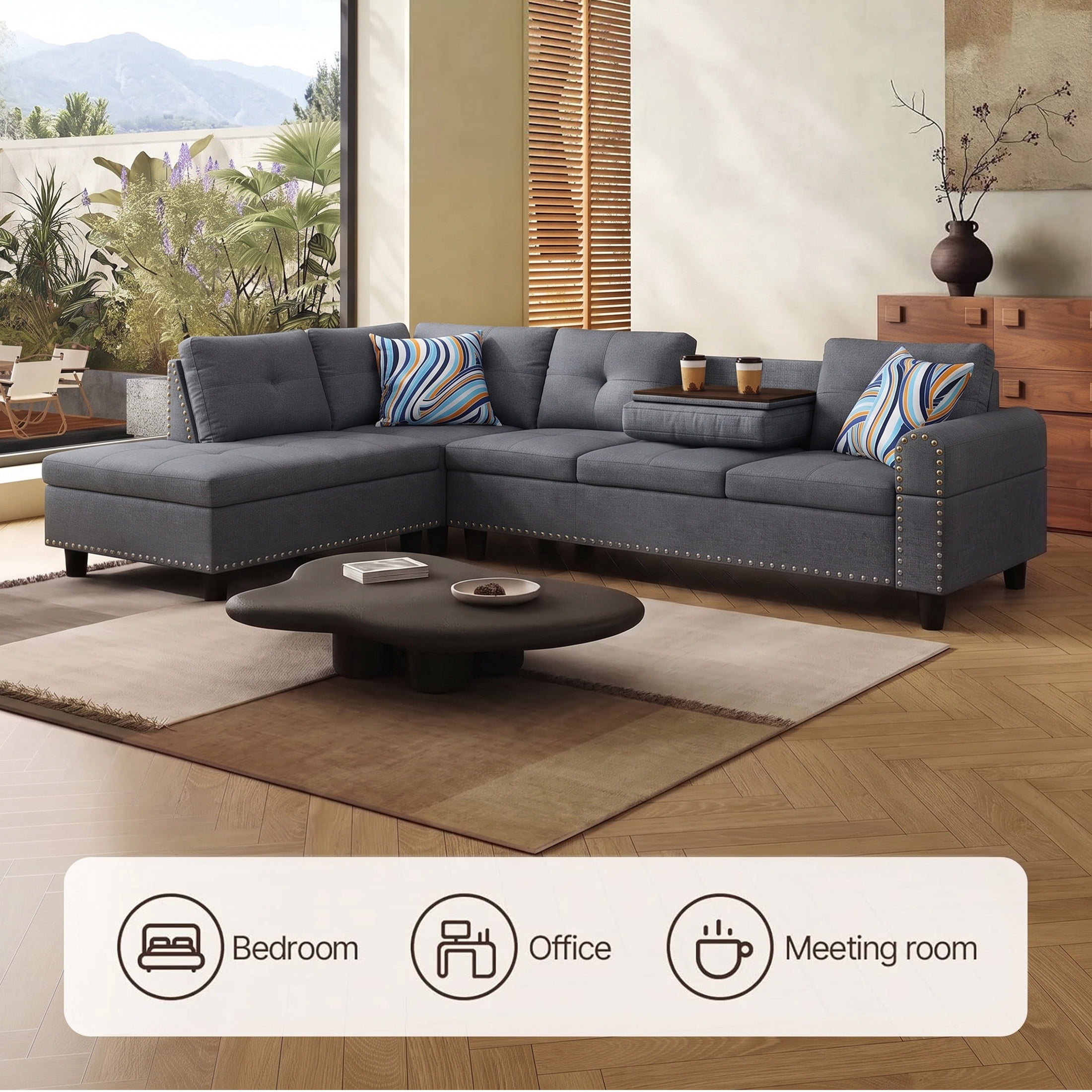 AENKYO 98" L-Shaped Sectional Sofa with Reversible Chaise and Cup Holders, Linen, Dark Gray