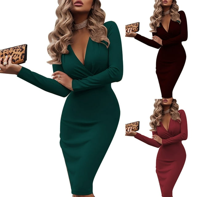 Zeus Fashion Lady Solid Color Long Sleeve Cross V Neck Bodycon Banquet Midi Dress
