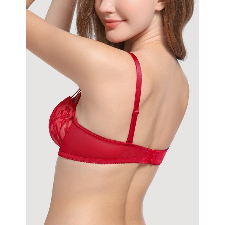 Deyllo Women’s Unlined Lace Bra Embroidered 1/2 Cup Demi Sheer See Through  Underwire Bras Non Padded,Red 38C
