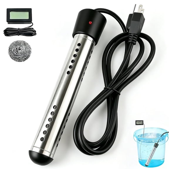 Immersion Water Heater with LCD Thermometer, 2000W Portable Electric Bucket Heater Auto Shut-Off at 70°C, Submersible Hot Water Heater for Bathtub Pool Camping Travel, Black