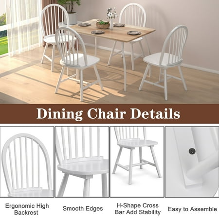 Costway Set of 4 Vintage Windsor Dining Side Chair Wood Spindleback Kitchen Room - White
