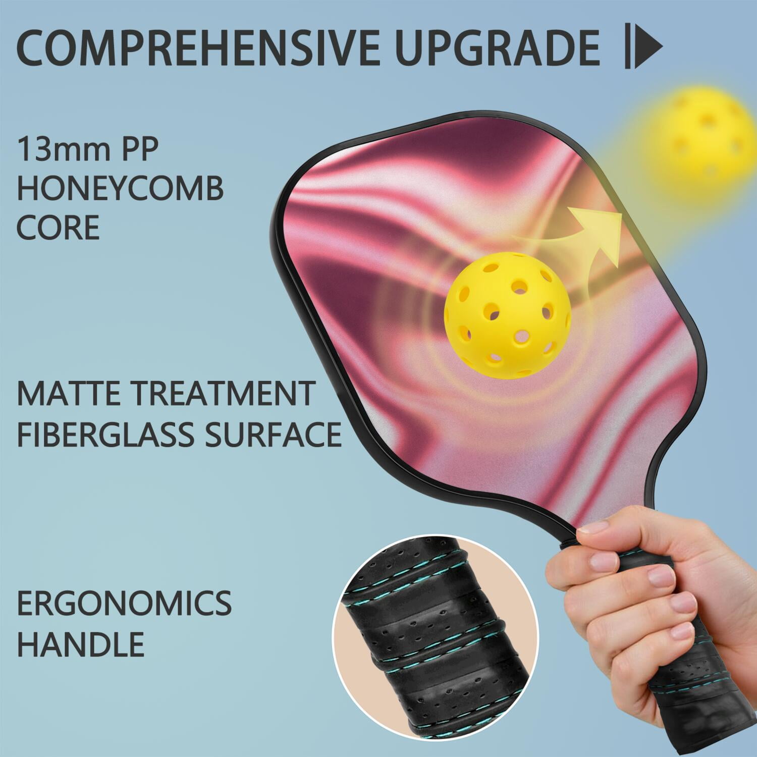 Pickleball Paddles Set Of 1, Fiberglass Surface, Fluid Smoke Aurora Art Style, 1 Paddle, 2 Balls & Bag