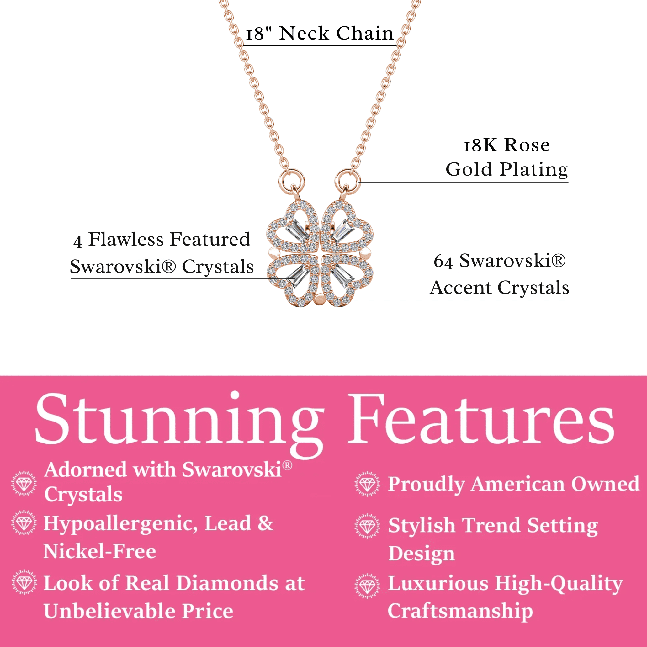 Cate & Chloe Posie 18k Rose Gold Plated Heart Clover Necklace with Swarovski Crystals for Women